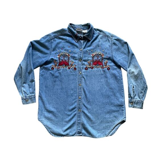 Bobbie Brooms Chambray Cardinal Birdhouse Denim Shirt Size Small Vintage - Picture 1 of 9